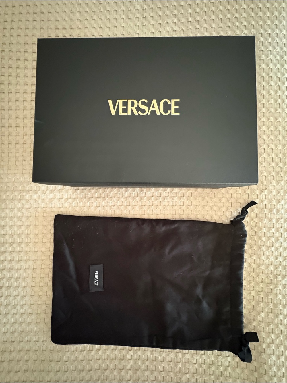 Versace Black and Gold Logo Box with Black Satin Dust Bag